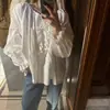 Camisa feminina de algodão puro, estilo francês, com bordado de renda requintado, babados doces, modelagem solta, plus size, manga longa, de Dongdaemun, Coreia.