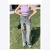 Jeans de pierna ancha de color claro para mujer de cintura alta 2024 Otoño e Invierno Nuevo forrado de vellón Suelto Dosing Pantalones rectos ajustados