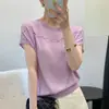 Camisa de Tricô Manga Curta com Detalhe de Contas Vazadas em Lyocell Tencel para Mulheres, Nova Camiseta Top de Verão Solta e Fina
