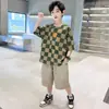 Conjunto de Verano para Niños Algodón Puro Patrón de Cuadros Nuevo Estilo de Verano 2026 para Niños Mayores Camiseta de Manga Corta Pantalones Cortos Directo del Fabricante