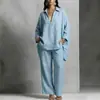 2026 Moda Femenina Transfronteriza Nueva Europea y Americana Exportación Color Sólido Casual Algodón y Lino Simple Cuello en V Manga Larga Pantalones Largos Conjunto de Dos Piezas