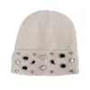 Fábrica de origem transfronteiriça gorro de tricô com formato exclusivo decorado com strass para mulheres, outono e inverno, luxo leve, com punho, forrado de fleece, quente