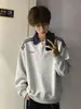 Moletom americano branco e cinza com três listras para homens, estilo outono e inverno, sem capuz, ombro normal, camiseta de manga comprida, camisa polo de base de peso pesado