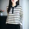 Suéter de Punto Fino Transfronterizo con Cuello Polo, Bloques de Color y Rayas, Bordado Exquisito, Rayas, Bloques de Color, Versátil para Primavera y Otoño, Top de Temperamento