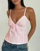 Camisola Informal para Niña Estilo Coreano con Tirantes Finos y Adorno de Encaje, Cuello en V, Cintura Fruncida con Lazo, Top Corto Plisado