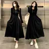 Vestido de Punto Negro de Manga Larga Estilo Hepburn Estilo Francés para Mujer Falda Larga Adelgazante de Alta Gama Falda Base de Línea A