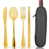 Juego de Vajilla para Comercio Exterior Transfronterizo Acero Inoxidable Cuchillo, Tenedor, Cuchara y Palillos Juego de Cuatro Piezas Cuchara y Palillos para Estudiantes Bolsa de Almacenamiento Portátil para Exteriores