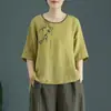 Camiseta de Algodón Lino Étnica con Bordado Floral Retro Artístico, Cuello Redondo, Manga Corta, Nueva de Verano, Talla Grande, Holgada, Versátil