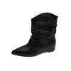 Novas Botas Curtas Versáteis com Salto Escondido Moda Feminina Botas de Cano Curto Europeias Americanas Botas de Outono franzidas plissadas bico fino 2026 Tecido