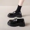 Sapatos de Couro Pequenos Estilo Britânico para Mulheres 2025 Outono Novos Mocassins de Sola Grossa Antiderrapante Bico Redondo Sapatos Slip-On Ins