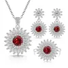 Transmisión en vivo súper ventas lujo incrustado con diamantes completos flor de girasol piedra preciosa de color pendientes de botón anillo collar set para mujer accesorios joyería