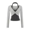 Top Sexy Falso Duas Peças com Amarração no Pescoço para Mulheres Outono Novo Look Emagrecedor Look Emagrecedor Peito Cintura Camiseta Curta Manga Longa