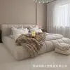 Cama de tela color crema estilo retro francés con diseño de teclas de piano verticales, cama de caja tapizada suave tamaño matrimonial, para dormitorio, cama de matrimonio doble