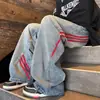Pantalones de Pierna Ancha Estilo Americano de Marca Trendy Bajia Costuras a Rayas Tooling Sueltos Adelgazantes Estilo Japonés Jeans Rectos Antiguos