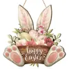 Etiqueta de puerta colgante de madera con diseño de conejito de Pascua 2024 con logotipo decorativo y flores de Pascua para primavera
