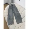 Chao Li tem estoque Jeans feminino de outono com estampa de estrelas, corte reto relaxado, cintura alta, perna larga justa, comprimento total