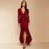 Comércio eletrónico transfronteiras: Novo vestido de noite feminino estilo europeu e americano, decote V sexy em renda, com babados, fenda e cauda de sereia