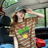 Camiseta de Manga Corta de Algodón Puro con Degradado en Forma de Corazón de Longitud Media de Venta Caliente en Verano para Mujer, Top Holgado de Bloques de Color a Rayas Estilo Americano que Disimula la Figura