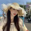 Sombrero de Paja con Lazo de Encaje Estilo Francés para Mujer, Protección UV para Playa en Verano, Ala Ancha, Sombrero Plegable