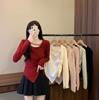 Top de Punto Rojo Floral Tridimensional de Manga Larga para Mujer, Principios de Otoño, Cintura Ajustable con Cordón Lateral, Prenda Exterior Adelgazante, Top de Moda