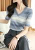 Camiseta de Punto Elástico Ajustada de Lyocell Transpirable con Rayas Degradadas y Cuello en V para Mujer, Moda de Primavera y Verano, Nueva Moda