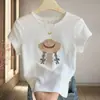 Camiseta Blanca de Algodón y Lino Texturizado de Hombro Recto y Manga Corta para Mujer, Nueva Moda de Verano 2026, Top Estampado Ajustado