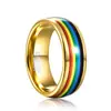 Popular Transfronterizo Acero Inoxidable Personalizado Moda Incrustado Tres Líneas Colorido Pegamento Anillo 8mm Esférico Dorado Tricolor