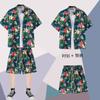 Camisa Havaiana Shorts Terno Masculino Estilo Hong Kong Verão Fino Litoral Férias Praia Manga Curta Camisa Florido Conjunto de Duas Peças