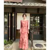 Vestido con estampado floral en tinta rosada para mujer, de manga larga, con drapeado, falda larga recta, estilo chino suave, vestido adelgazante