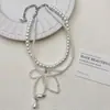 Colar Camadas Pérola Gota Laço Estilo Francês Inspirado em Chanel para Mulheres, Corrente Elegante e Delicada para Clavícula, Corrente de Pescoço da Moda de Alto Padrão
