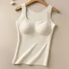 Camisola térmica de lã e seda para mulheres, leve e quente para outono e inverno, justa ao corpo, camada base geradora de calor, com bojo embutido no peito, top sem mangas