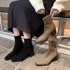 Botas de tornozelo clássicas estilo coreano com bico quadrado, botas justas elásticas, botas curtas de salto alto versáteis minimalistas para mulheres, tamanhos 34-42