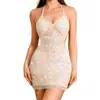 Mini vestido sexy de encaje con cordones y espalda descubierta transparete, estilo europeo y americano transfronterizo, falda ajustada al cuerpo, minifalda de lentejuelas y pedrería para escenario de club nocturno