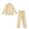 Pijama de Casal em Gaze Dupla Lavada Cor de Doce, Estilo Japonês, Sem Costuras Laterais, Algodão, Manga Longa, Calça Longa, Roupa de Dormir