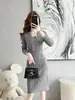 Thirteen Rows Vestido de Punto para Mujer Otoño/Invierno Temperamento Socialité Estilo Francés Coco Manga Larga Falda Bodycon Gris para Mujer