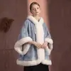 Capa para Mujer, Ropa de Abrigo, Forro Polar Otoño e Invierno, Lana Sintética, Azul Copo de Nieve, Con Capucha, Holgada, Talla Grande, Abrigo Grueso, Poncho