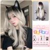 Peruca de Gato Siamês de Halloween para Mulheres, Cabelo Longo Cacheado, Peruca de Cabeça Inteira, Ondas Grandes com Degradê Tingido, Conjunto de Peruca Cos de Cabeça Inteira