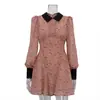 Vestido Francês Color Block Estampado Novo Estilo 2025 para Mulheres com Design Estiloso, Gola Reversível Plissada, Mangas Longas e Saia Elegante de Cintura Alta em Linha A