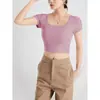 Nuevo Estilo Top Corto Cuadrado de Primavera y Otoño con Sujetador Incorporado, Corte Ajustado, Camiseta Cómoda de Manga Corta Capa Base