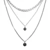 Colar com pingente redondo empilhado de camada dupla com textura de metal estilo coreano corrente de clavícula estilo frio feminino colar simples