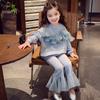 Conjunto de dos piezas de top y pantalones acampanados de moda para primavera y otoño para niñas y bebés, estilo coreano, con costuras de malla y talla mediana
