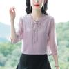 Verano 2025 Nuevo Encaje con Cordones Borde de Oreja Manga Siete Blusa de Gasa Moda Femenina Cubre Vientre Tops Hermosos Camisa Pequeña