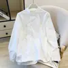 Blusa Feminina de Manga Longa com Botão de Renda com Padrão de Gancho, Estilo Europeu, Nova e Chique, para Primavera e Outono