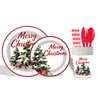 Set de fiesta navideña: platos de papel desechables, vasos de papel, mantel, banderines y decoraciones para fiestas