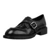 Versão em Couro de Vaca~Couro Genuíno Estilo Britânico Fivela de Metal Mocassins Femininos Bico Redondo Salto Bloco Sapatos Únicos Academia Solado Grosso Sapatos Pequenos de Couro JK