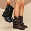 2026 Novas Botas Curtas Ocidentais de Cowboy Pretas Plissadas Vintage com Bico Redondo e Fivela, Botas Largas da Moda