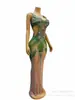 Vestido Verde Brillante de Perlas y Pedrería Sexy para Fiesta de Cantante Femenina