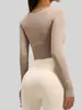 Almohadilla de Pecho Desmontable Ropa de Yoga para Mujer, Top de Fitness Elástico Ajustado de Manga Larga, Ropa Deportiva Adelgazante, Tejido de Alta Elasticidad