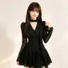 Vestido morado de gasa con cuello en V y manga larga para mujer, principios de otoño, corte ajustado, elegante, falda corta, estilo maduro y sofisticado, vestido de línea A que ajusta la cintura