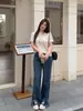 Jeans Vintage Flare Cintura Alta Estilo Coreano com Bordas Desfiadas, Estilo Primavera, Roupa Feminina Plus Size, Calça Emagrecedora 65552
